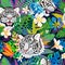 Seamless pattern. White tiger head roar wild cat in colorful jungle. Rainforest tropical leaves background. Fashion