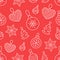 Seamless pattern with white toy balls, heart, star on red background. Flat line pine tree decoration icons, cute repeat