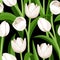 Seamless pattern with white tulips on black.