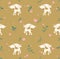 Seamless pattern of white unicorns and green twigs and pink hearts on a golden beige background.