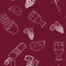 Seamless pattern with white wine theme elements on dark red/bordeaux background. Wine bottle, glass, grapes, cheese, baguette, cor