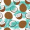 Seamless pattern whole coconut and piece with blue palm leaves