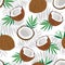 Seamless pattern whole coconut and piece with palm leaves on white background