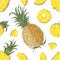 Seamless pattern with whole and cut pineapples on white background. Backdrop with exotic tropical ripe juicy fruit