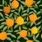 Seamless pattern of whole orange citrus with green leaves flat vector illustration on dark green background