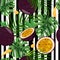 Seamless pattern with whole passion fruit and half on white and black stripped background. Tropical leaves and fruits background