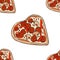 Seamless pattern with whole  pizza in heart shape isolated on white background. Hand drawn ink  and colored sketch