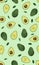 Seamless pattern whole and sliced avocado on bright green background
