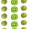Seamless pattern of whole and sliced kiwis lined up in rows. Vector illustration isolated on white background.