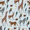 Seamless pattern with wild animals such as zebra, parrot, toucan, monkey, giraffe and antilope.