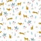 Seamless pattern with wild cats Cheetahs in different poses and exotics palms tree coloured with bright pastel