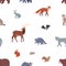Seamless pattern, wild forest fauna. Woods animals, repeating print, endless zoo background design. Wildlife species, beasts,