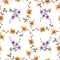 Seamless pattern wild green, violet and orange branches of small flowers and on a white cell background. Watercolor -5