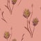Seamless pattern of wild, small beige flowers and branches on a deep pink background. Watercolor