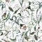 Seamless pattern with wild thin flowers and insects. Trendy botanical print.