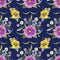 Seamless pattern of wildflowers on a dark blue background. Watercolor illustration.