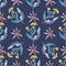 Seamless pattern of wildflowers on a dark blue background. Watercolor illustration.