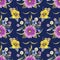 Seamless pattern of wildflowers on a dark blue background. Watercolor illustration