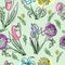 Seamless pattern Wildflowers. Roses, lilies, tulips. Line art. On white background.  Hand-drawn with a pen.