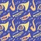 Seamless pattern with wind musical instruments - trombone, trumpet, saxophone, french horn on dark blue background. Vector flat