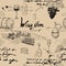 Seamless pattern Wine grape branche, bottles, glasses, vineyard, unreadable text, wooden barrel, chees, corkscrew