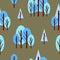 Seamless pattern with winter blue trees. Gray background. Cartoon flat style. Garden or forest. Nature and ecology. Merry