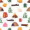 Seamless Pattern With Winter Camping Items. Campfire, Woods And Brushwood, Spruces, Cold-weather Tent, Thermal Hat