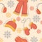 Seamless pattern with Winter clothes. Scarf, Hat, Mittens and Earmuffs on the background with snowflakes. Flat and Linear style.