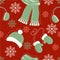 Seamless pattern with Winter clothes. Scarf, Hat, Mittens and Headphones on the background with snowflakes. Flat and Linear style