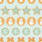 Seamless pattern of winter holiday cookies with snowmen, snowflakes, stars and bears on a mint green background.