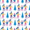 Seamless pattern with Winter landscape and small people, men and women, children and couple. Vector scene with skiing, skating.