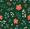 Seamless pattern of winter plants: holly berry, mistletoe, poinsettias, pine, cedar, blue spruce.