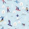 Seamless pattern winter sports. Snowboarders and skiers people, snowy mountains and trees, professional athletes track