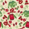 Seamless pattern with winter sweaters, socks, hats, scarves. Vector graphics