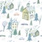 Seamless pattern of a winter town and car. House,park,tree.
