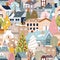 Seamless pattern winter wonderland, Cute Christmas landscape in the town with fairy tale houses,Ginger bread man, polar bear,