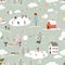 Seamless pattern Winter wonderland landscape in village,Vector Happy kid playing ice skates in the park, Endless Winter city