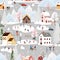 Seamless pattern Winter wonderland landscape in village,Vector Happy kid playing ice skates in the park, Endless Winter city