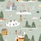 Seamless pattern Winter wonderland landscape in village,Vector illustration Happy kid playing ice skates in the park,Endless