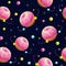 Seamless pattern wit yummy cartoon donut planets.