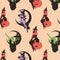 Seamless pattern with Witch. Cute ladies. Pin-up, retro style.