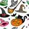 Seamless pattern with Witch hats, Halloween pumpkin, black cat and broom