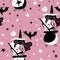 Seamless pattern with witches with cauldron, moon and bat. Simple silhouette girly illustration. magic pink night. Flat design for