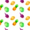 Seamless pattern withpineapple, mango, draconian fruit, durian with blots and stains on a white background. Watercolor art.