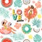 Seamless pattern with woman floating on inflatable ring, coconut, leaves and lettering.