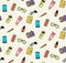 Seamless pattern of woman handbag contents