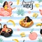 Seamless pattern with womans floating on inflatable rings. Summer rest.