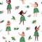 Seamless pattern with women Hawaiian dancers cartoon flat vector illustration.