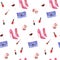 seamless pattern from Womens elegant accessories in watercolor. Various high-heeled shoes, blue clutch, cosmetic bag, lipstick,