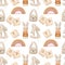 Seamless pattern with wooden toys for kids wooden cubes, rabbits and rainbow